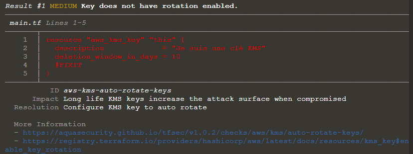 Extrait du résultat de l'exécution de TFSec